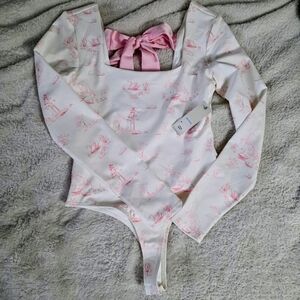 NWT Francesca's Collections White and Pink Bodysuit With Pretty Feminine Bow